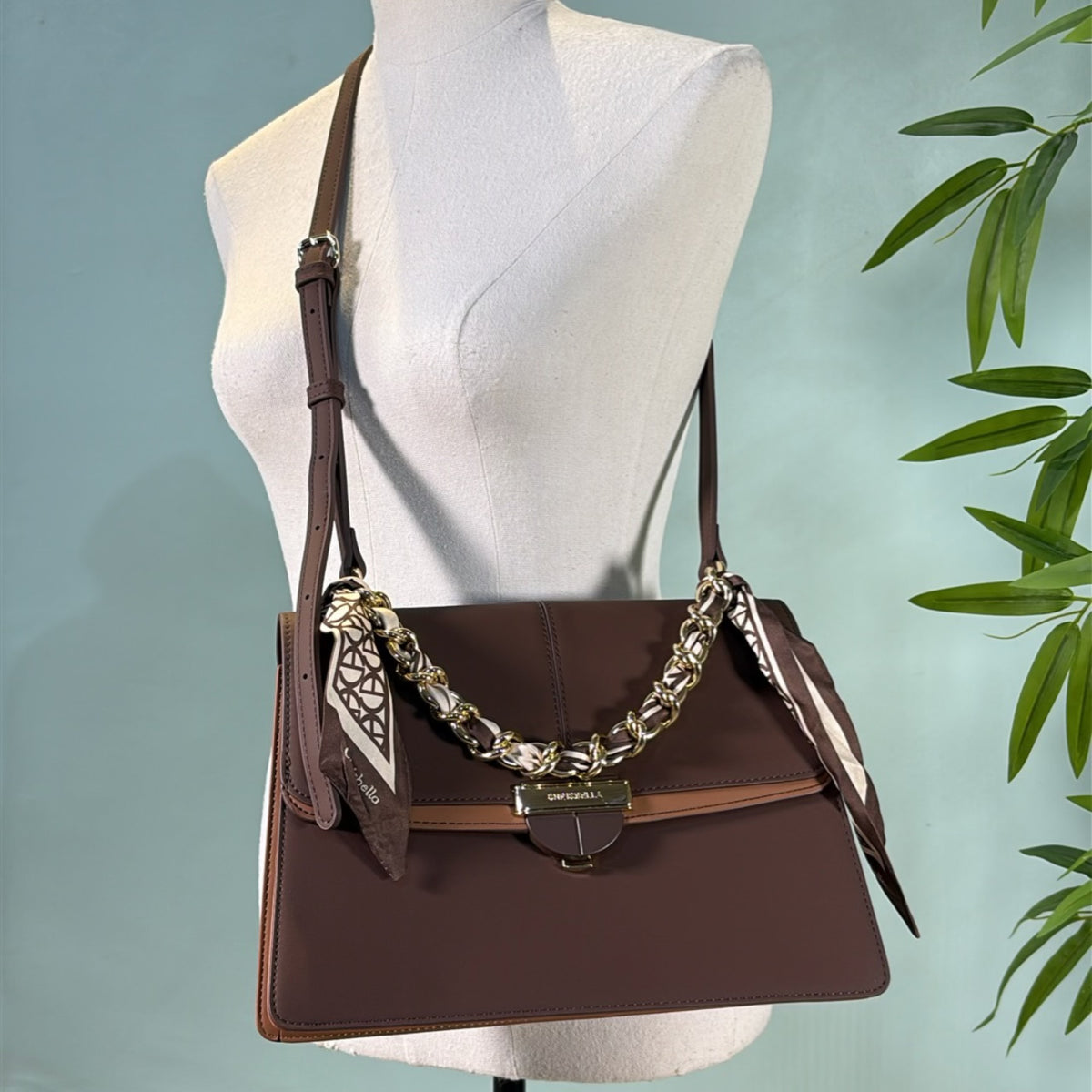Chrisbella Scarf Detail Flap Closure Side bag in Coffee