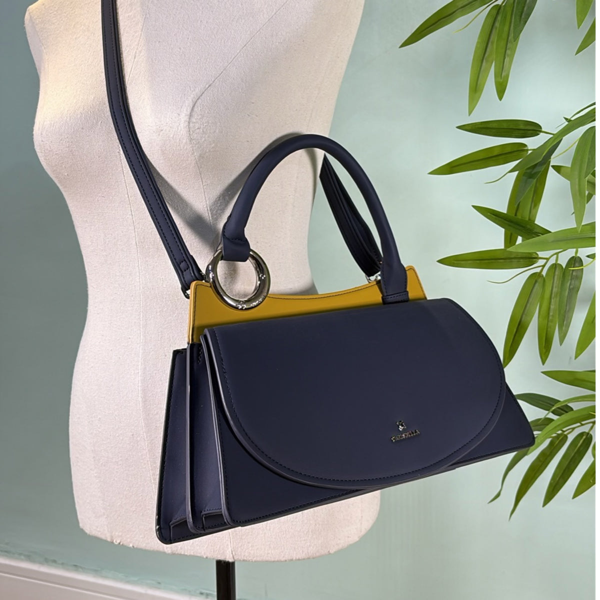 Chrisbella Top Handle Front-Flap Structured Bag in Navy