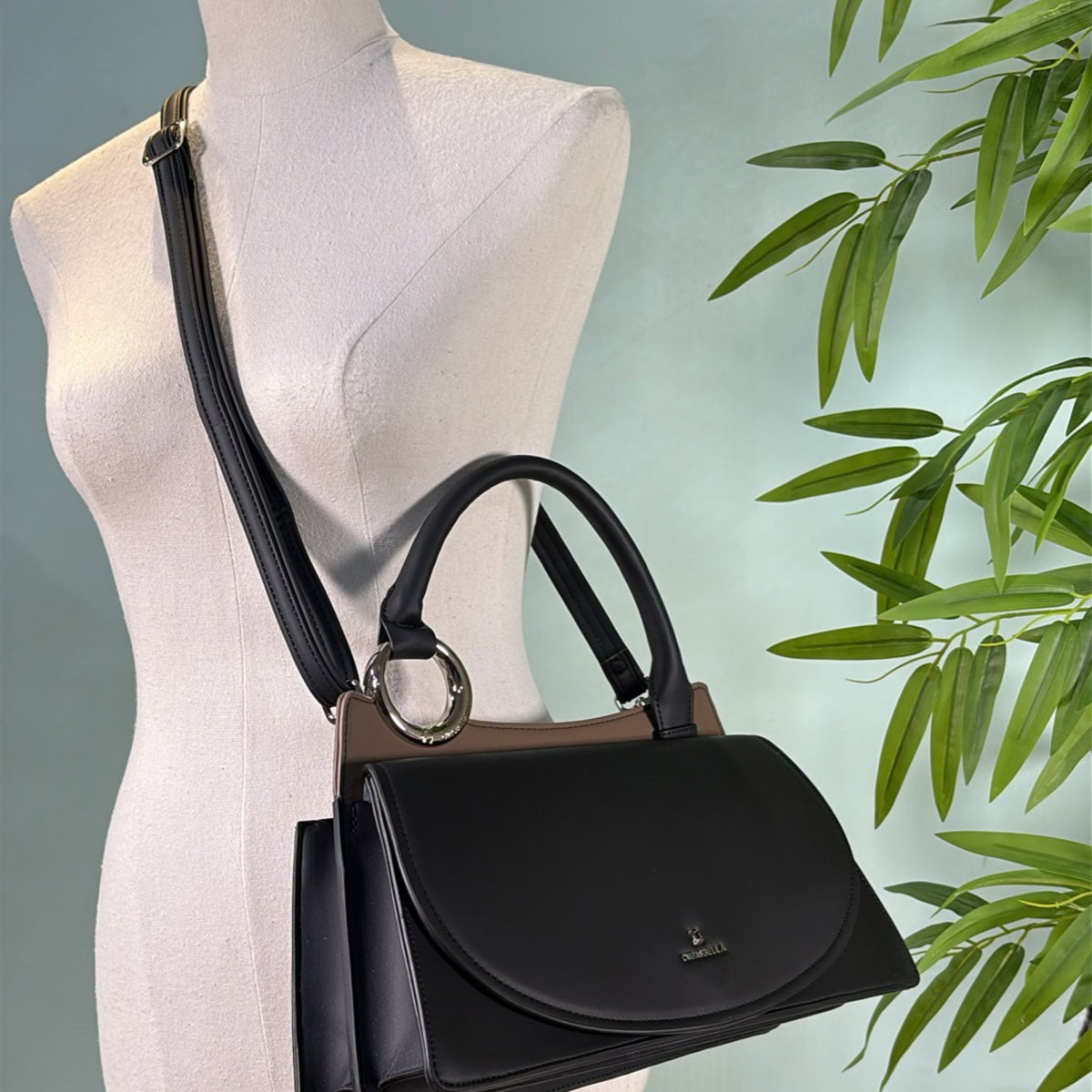 Chrisbella Top Handle Front-Flap Structured Bag in Black