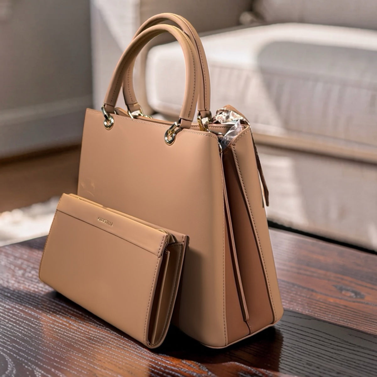 Chrisbella Scarf Detail 2-in-1 Tow-Tone Bag in Beige