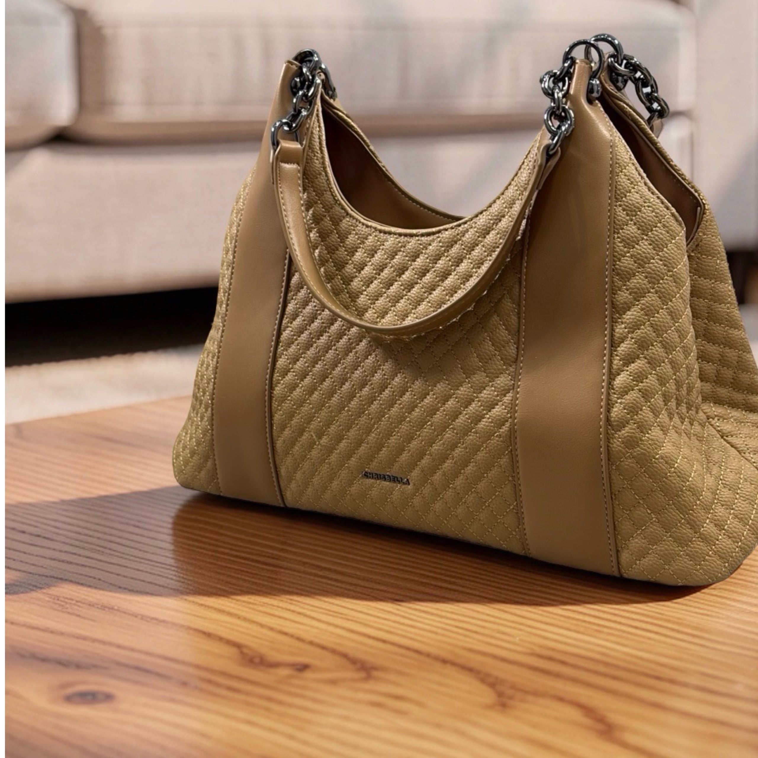 Chrisbella Textured Leather Shoulder Bag in Khaki