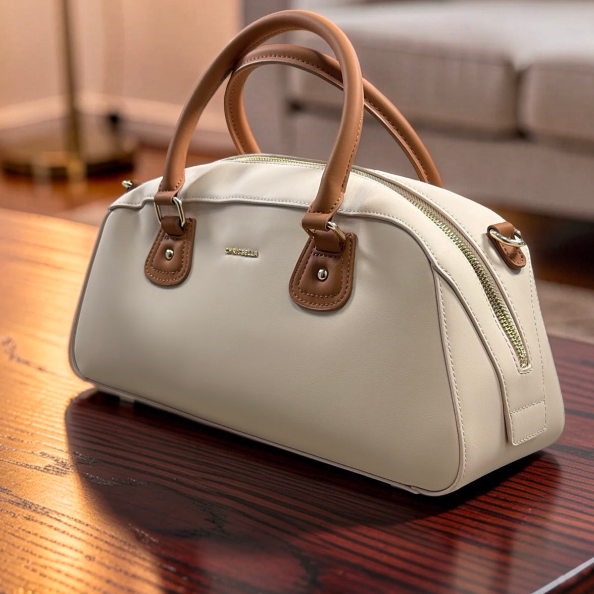 Chrisbella Two-in-One Contrast Handle Bag in Off-White