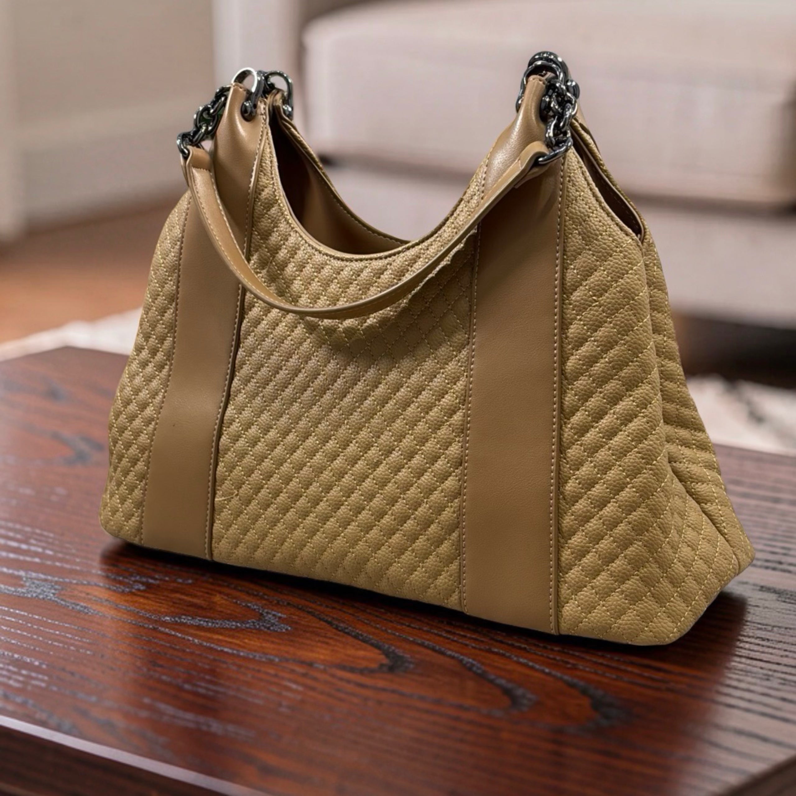 Chrisbella Textured Leather Shoulder Bag in Khaki