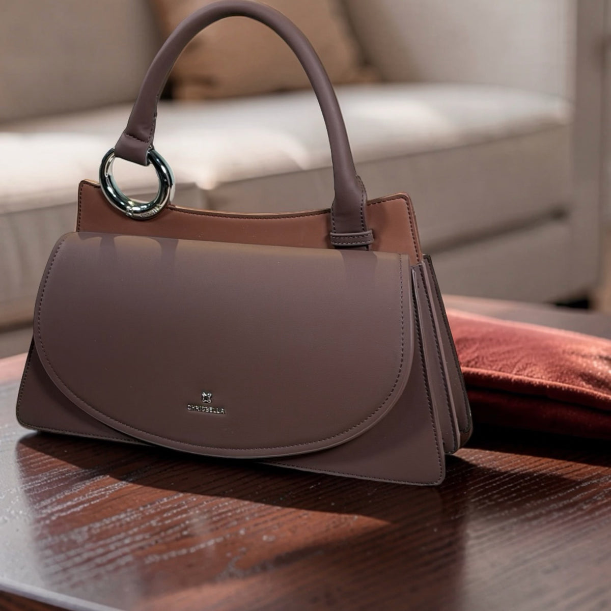 Chrisbella Top Handle Front-Flap Structured Bag in Coffee