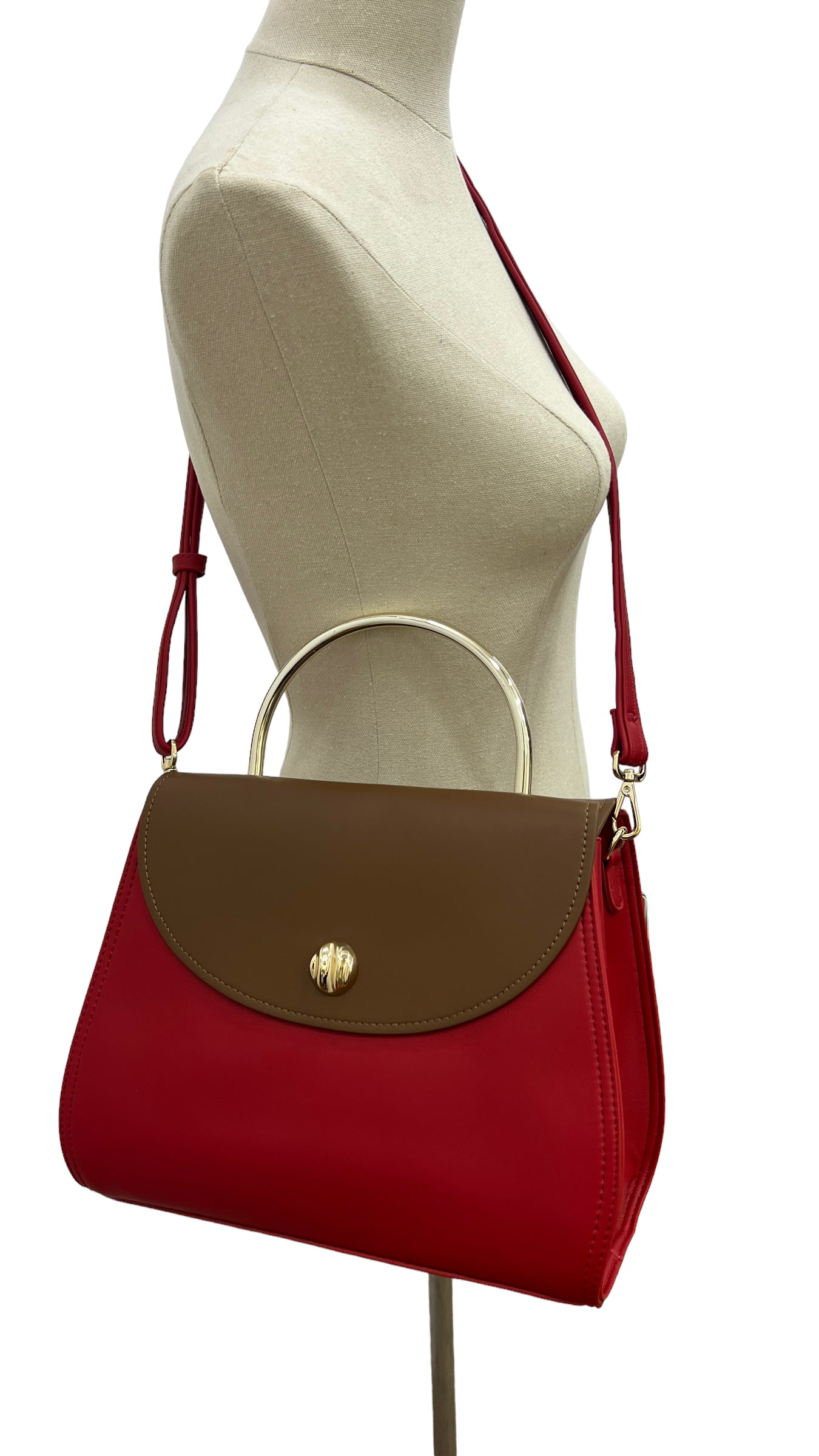 CHRISBELLA BROWN/RED METAL TOP HANDLE DOUBLE SIDED BAG