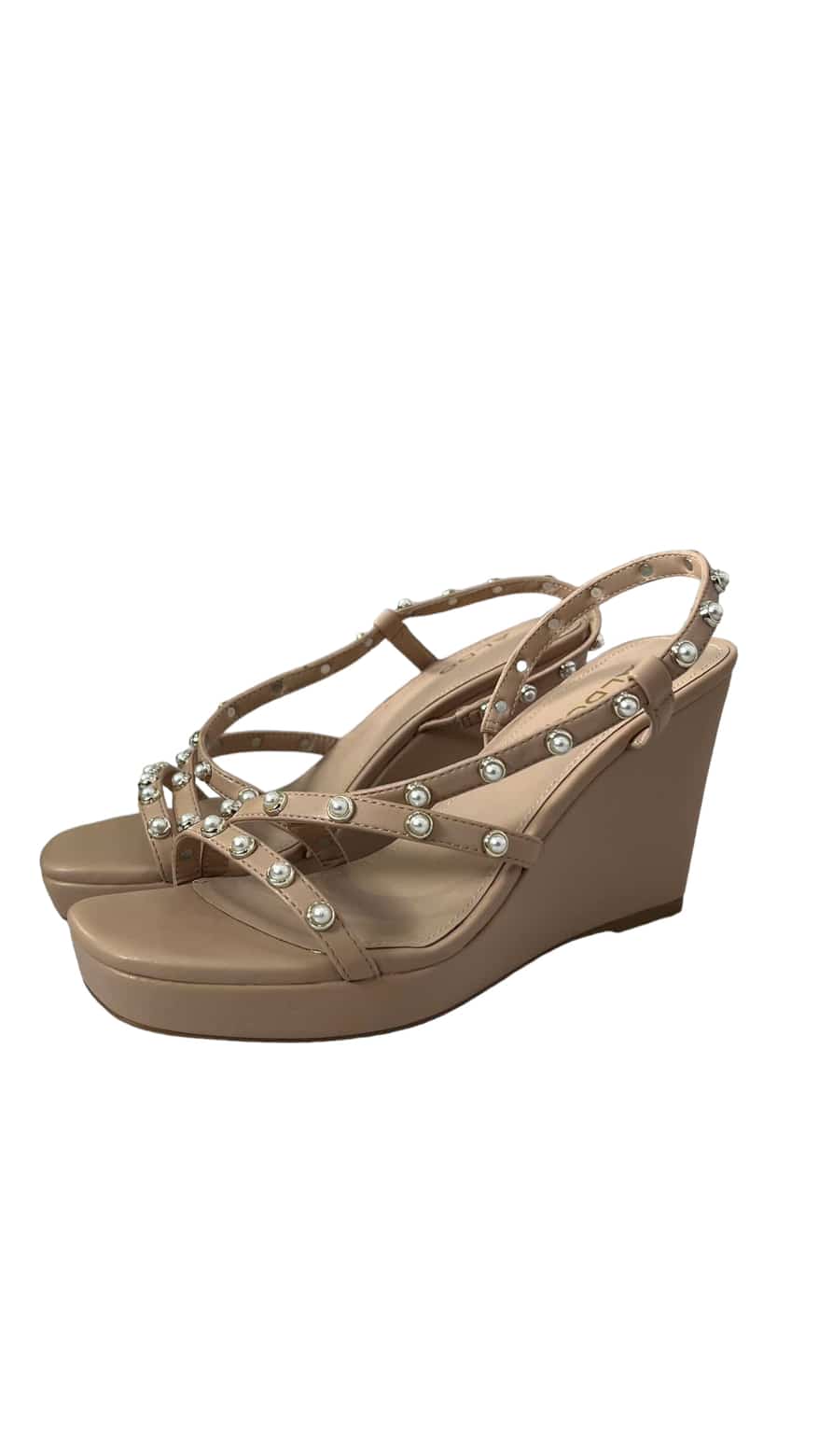 ALDO NUDE LEATHER PEARL STUDDED STRAP WEDGE SANDAL