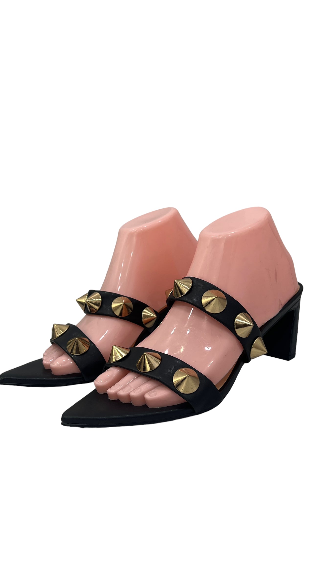 CHINESE LAUNDRY BLACK DOUBLE STRAP BLOCK HEELS WITH MICRO STUDS