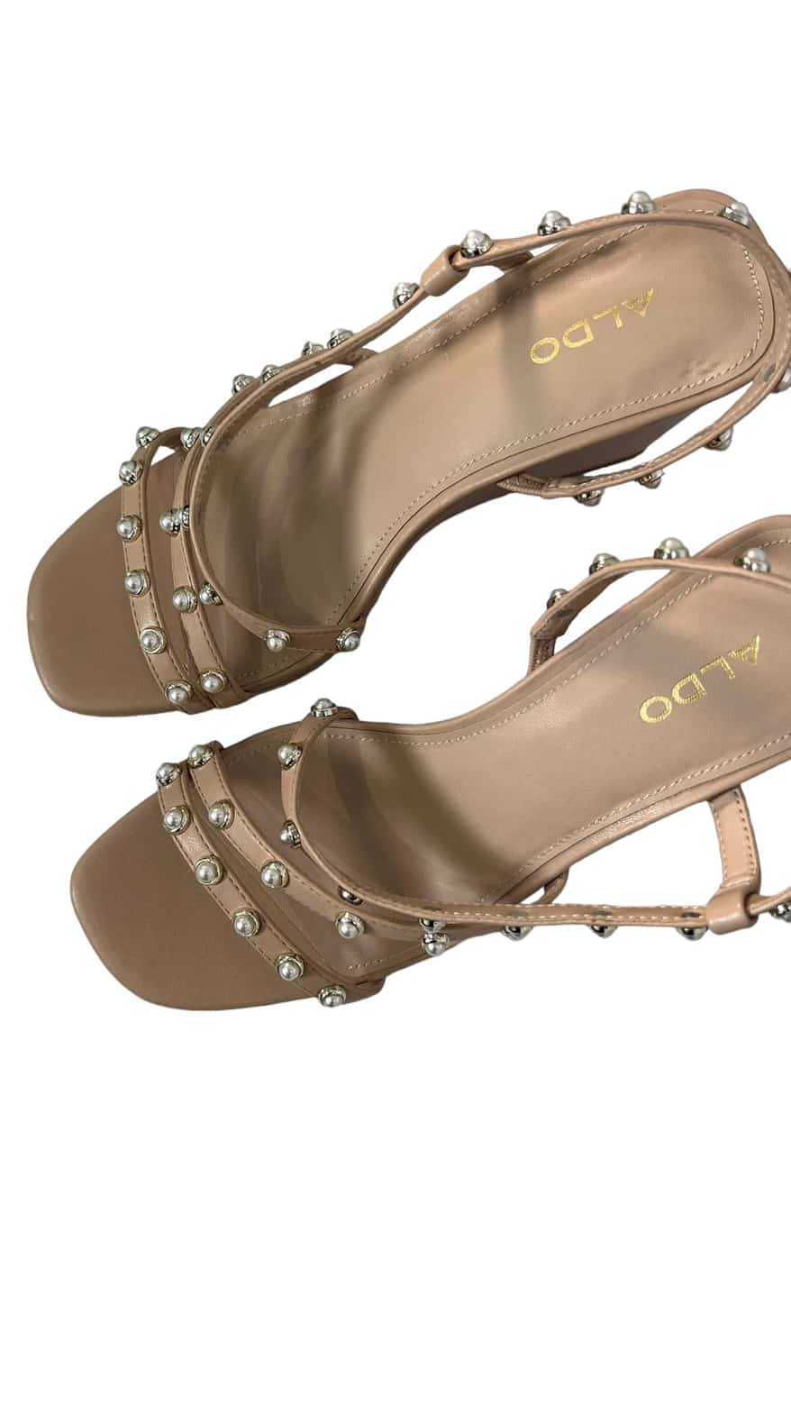 ALDO NUDE LEATHER PEARL STUDDED STRAP WEDGE SANDAL