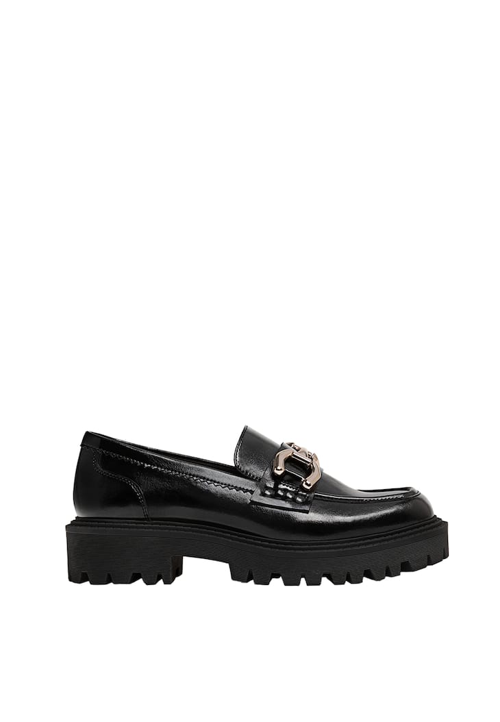 STRADIVARIUS BLACK BUCKLE DETAIL CHUNKY SHOES IN BLACK