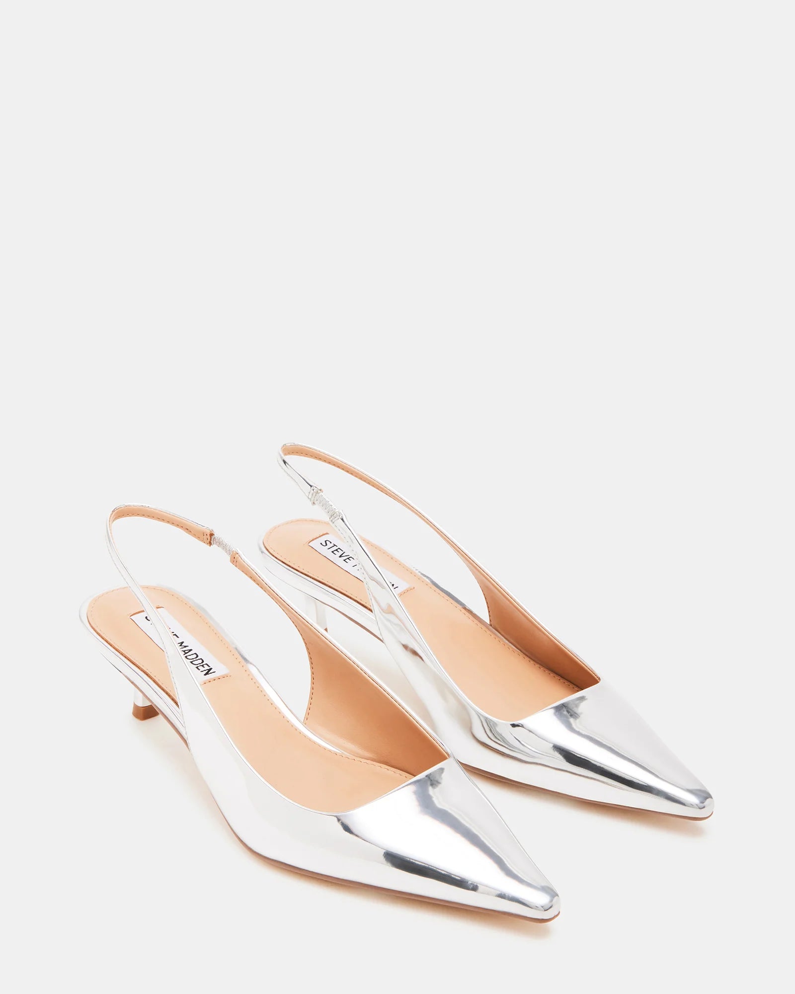 Steve Madden Pointed Toe Slingback Kitten Heels in Metallic Silver