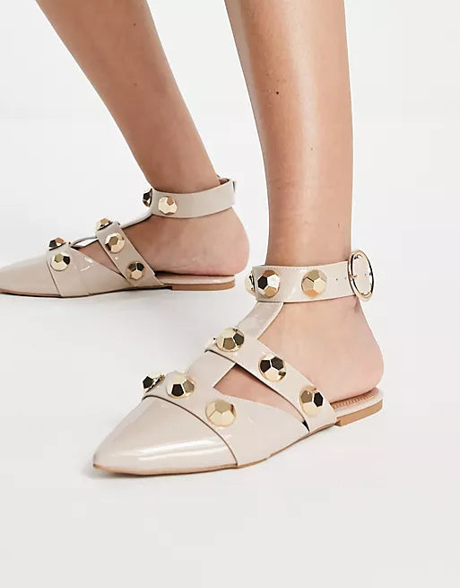 ASOS STUDDED BALLET FLATS IN BEIGE PATENT
