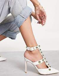 LONDON REBEL WHITE STUDDED STRAPPY HEELED SHOES