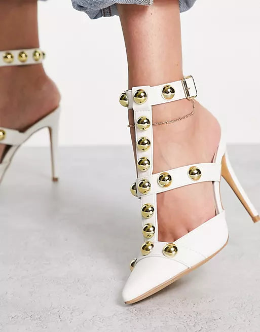 LONDON REBEL WHITE STUDDED STRAPPY HEELED SHOES