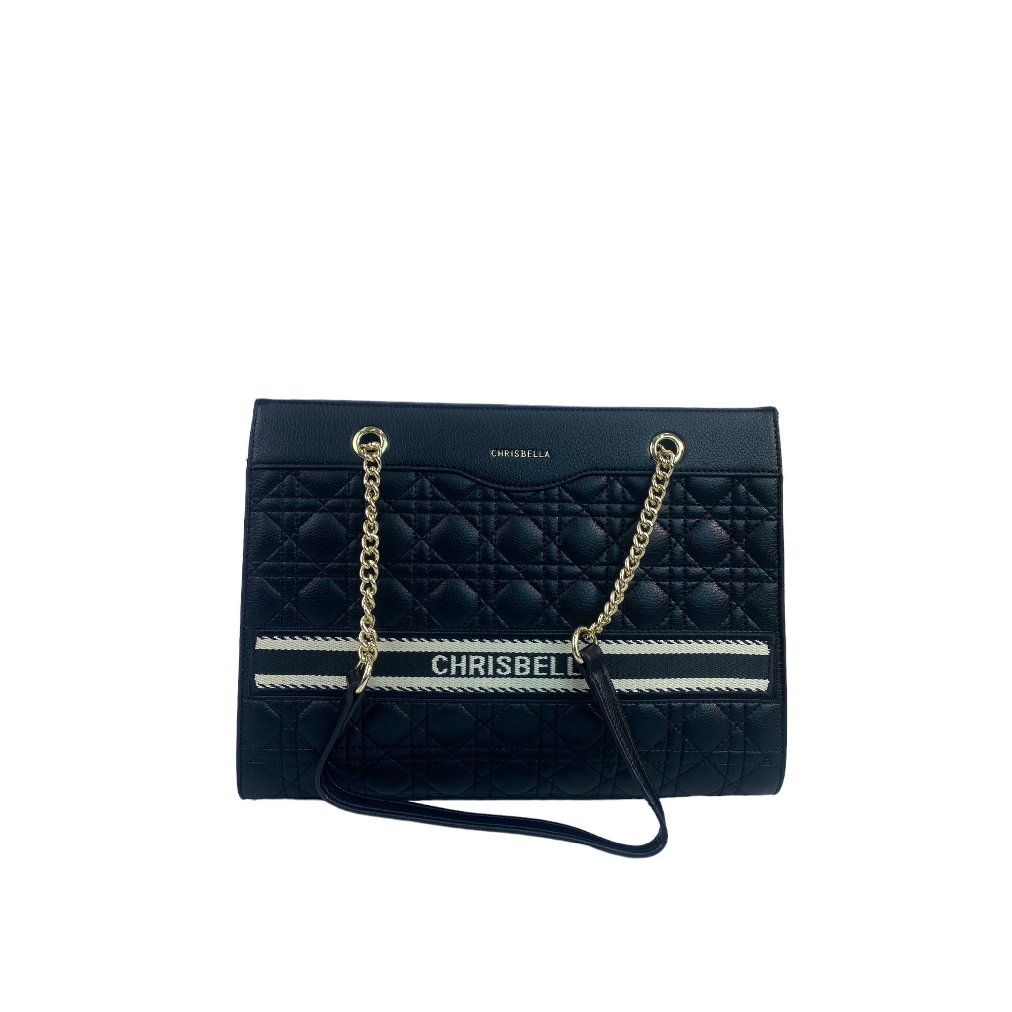 CHRISBELLA BLACK FAUX QUILTED FRONT CHAIN HANDLE BAG
