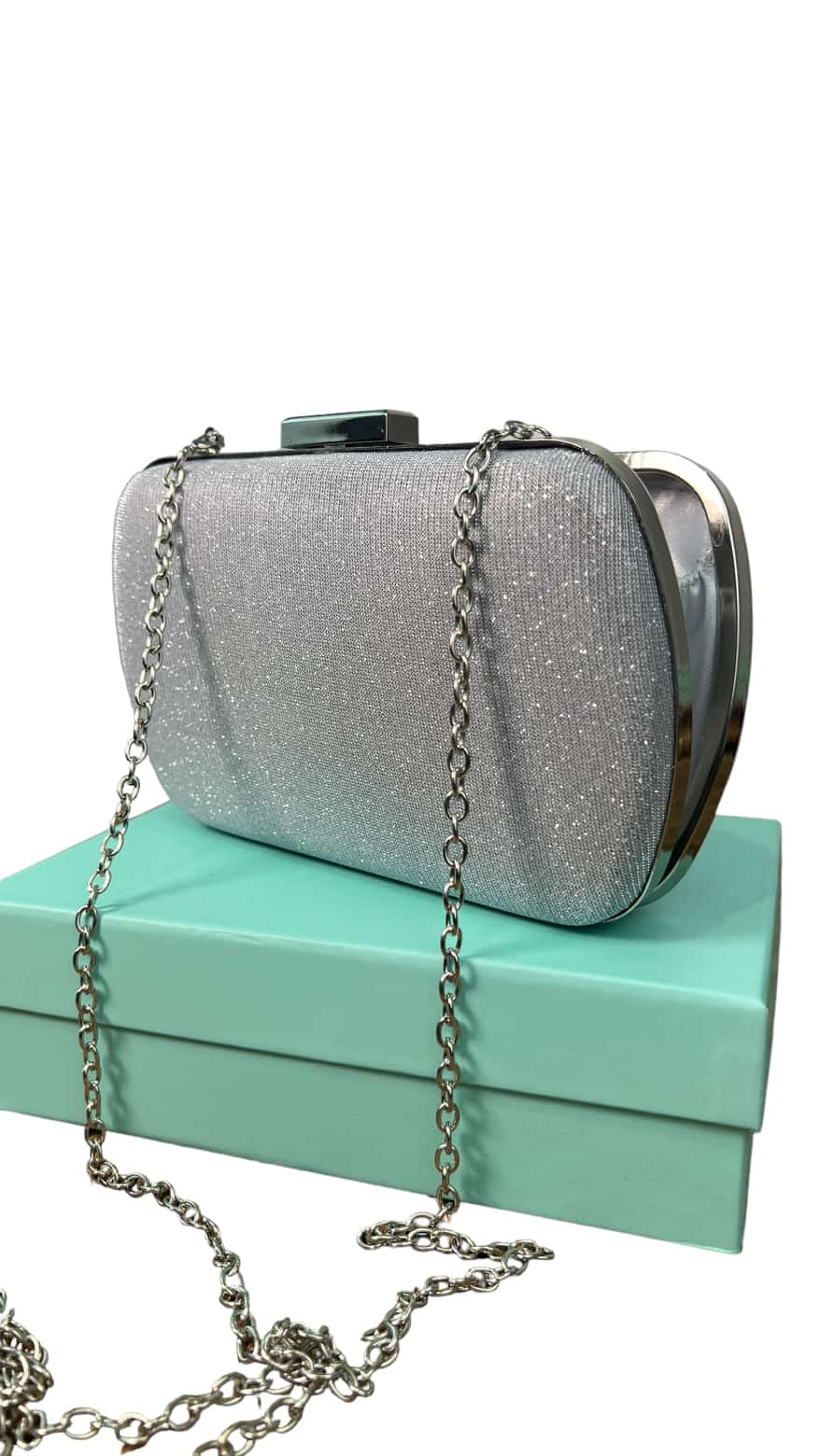 CHRISBELLA SILVER CRYSTAL BROOCH-EMBELLISHED CLUTCH PURSE