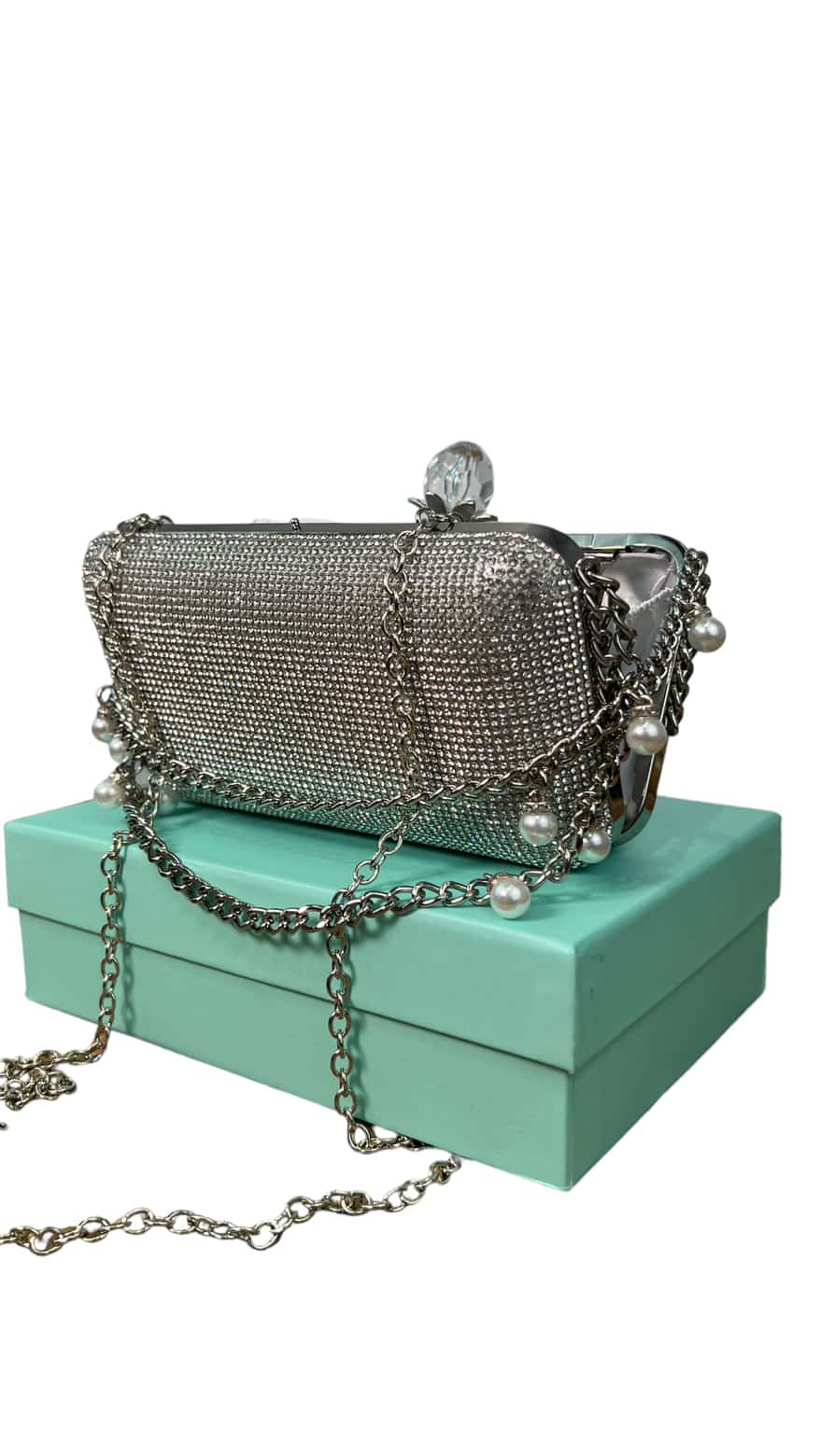 CHRISBELLA SILVER DOUBLE-HANDLE PEARL EMBELLISHED CLUTCH PURSE