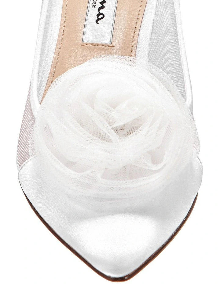 NINA WHITE SATIN ROSE DETAIL PUMP