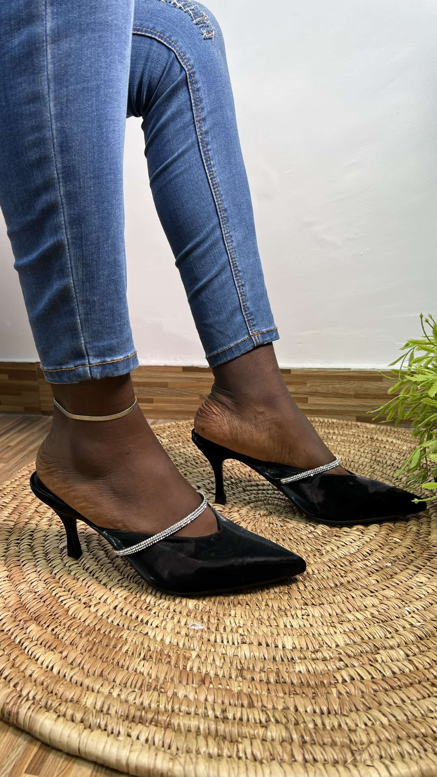 FIRST SHOW BLACK POINTED TOE EMBELLISHED STRAP MULE