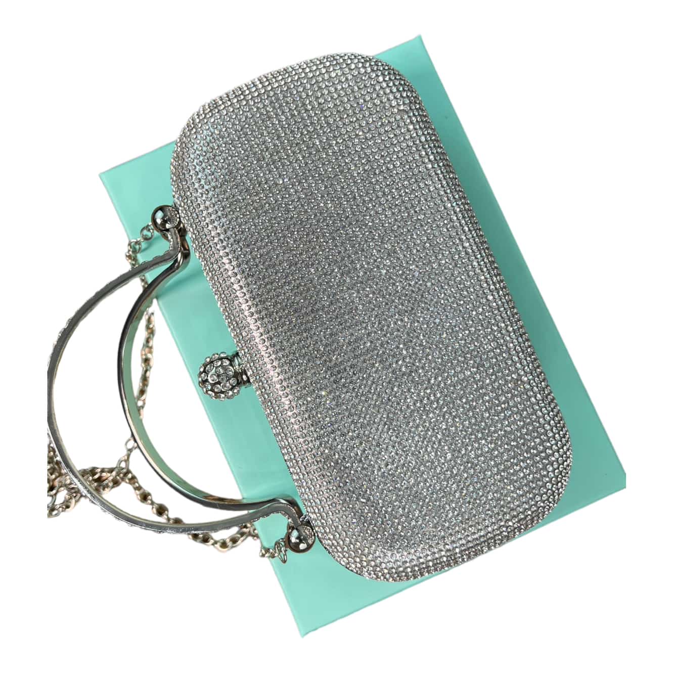 CHRISBELLA SILVER DOUBLE HANDLE EMBELLISHED CLUTCH PURSE