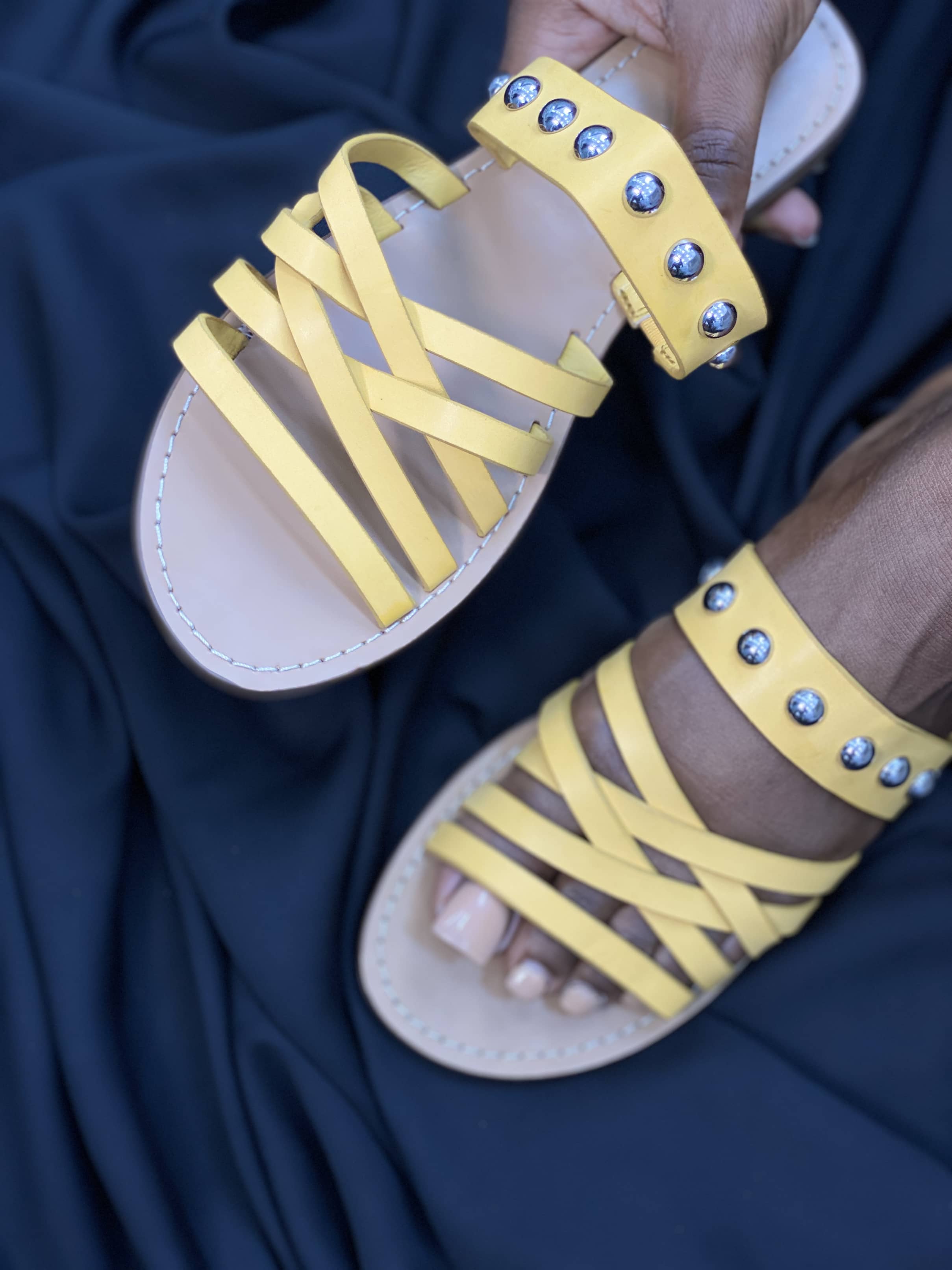 NINE WEST YELLOW STRAPPY SLIDES