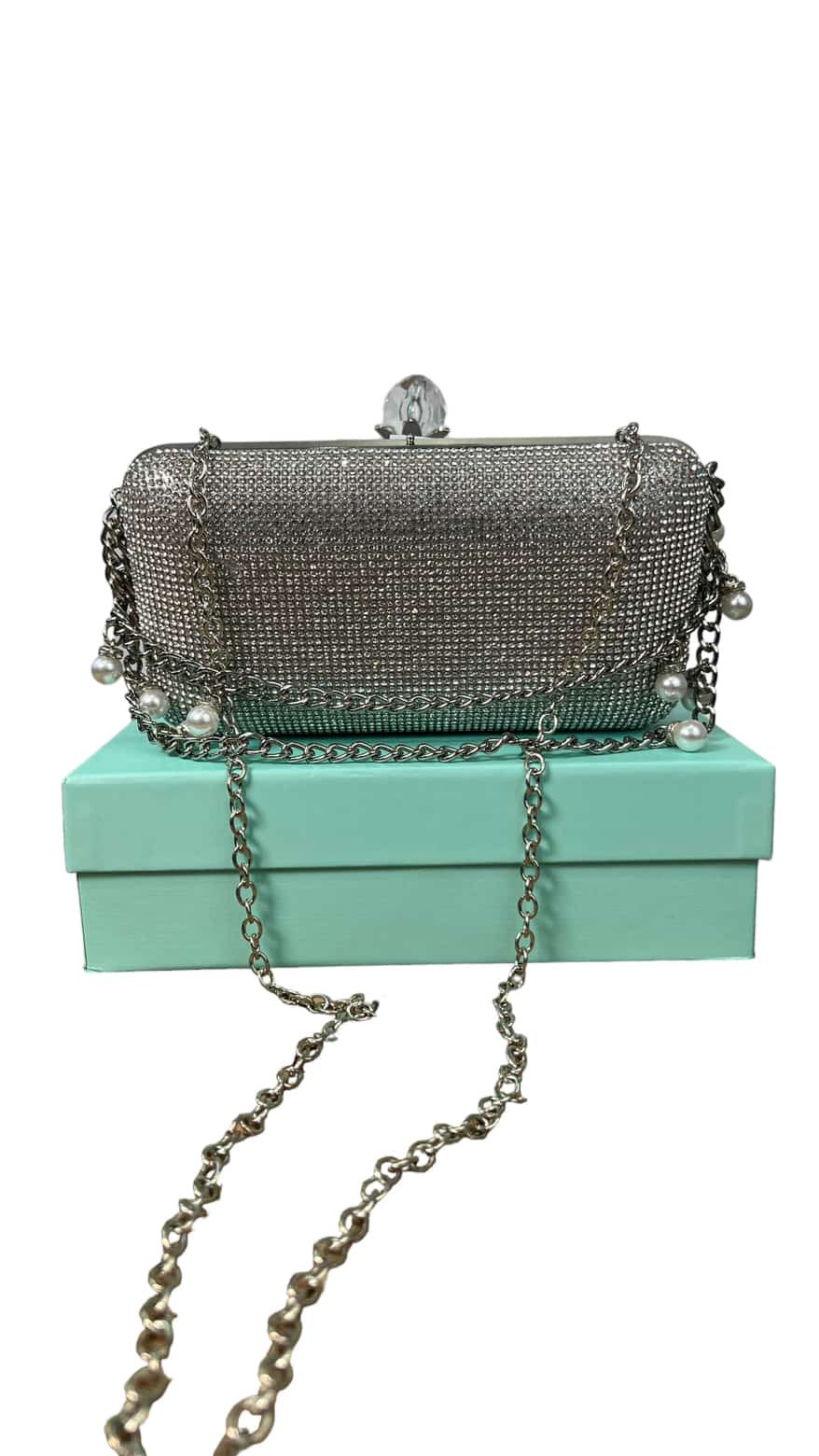 CHRISBELLA SILVER DOUBLE-HANDLE PEARL EMBELLISHED CLUTCH PURSE