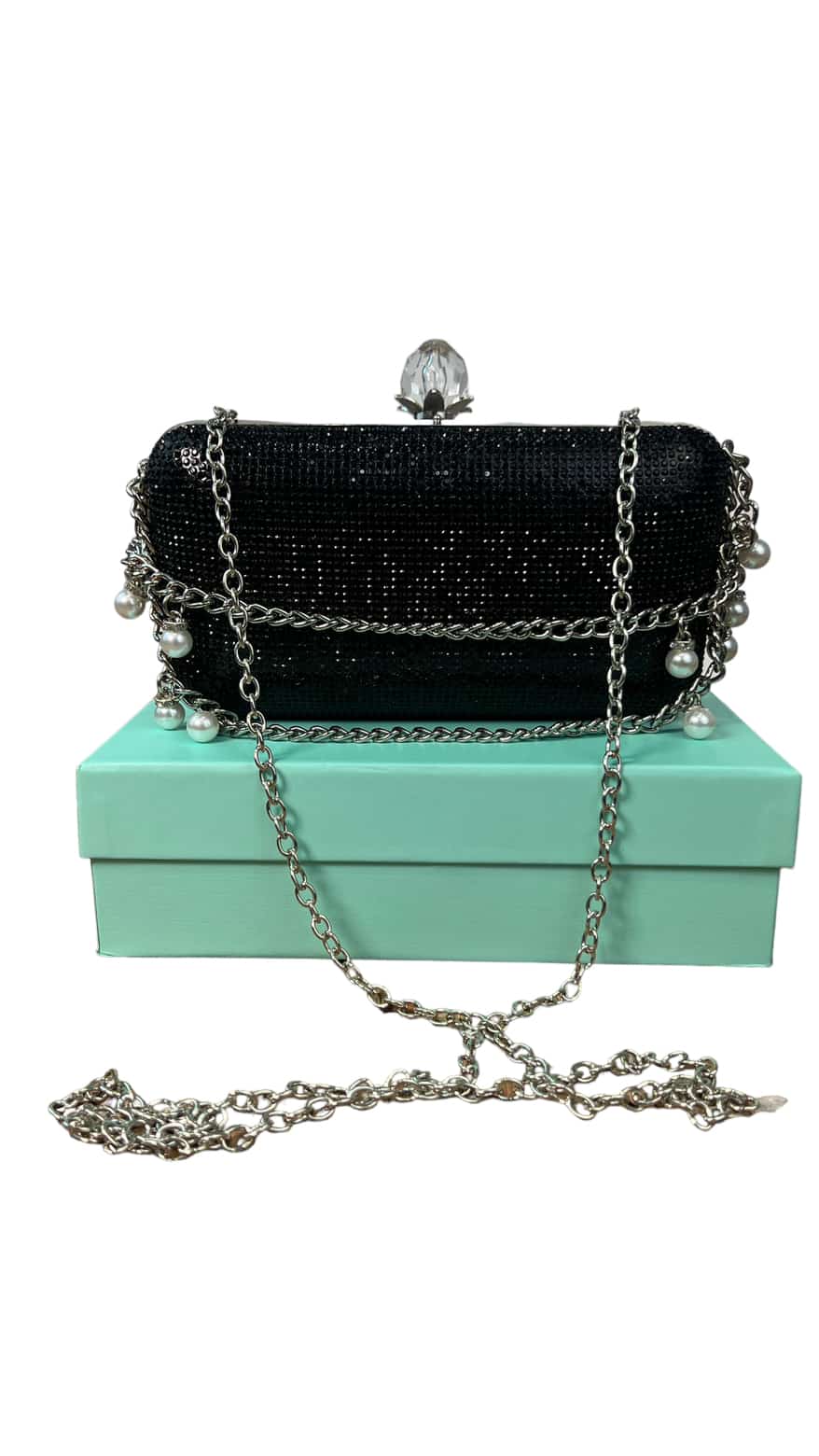 CHRISBELLA BLACK DOUBLE-HANDLE PEARL EMBELLISHED CLUTCH PURSE