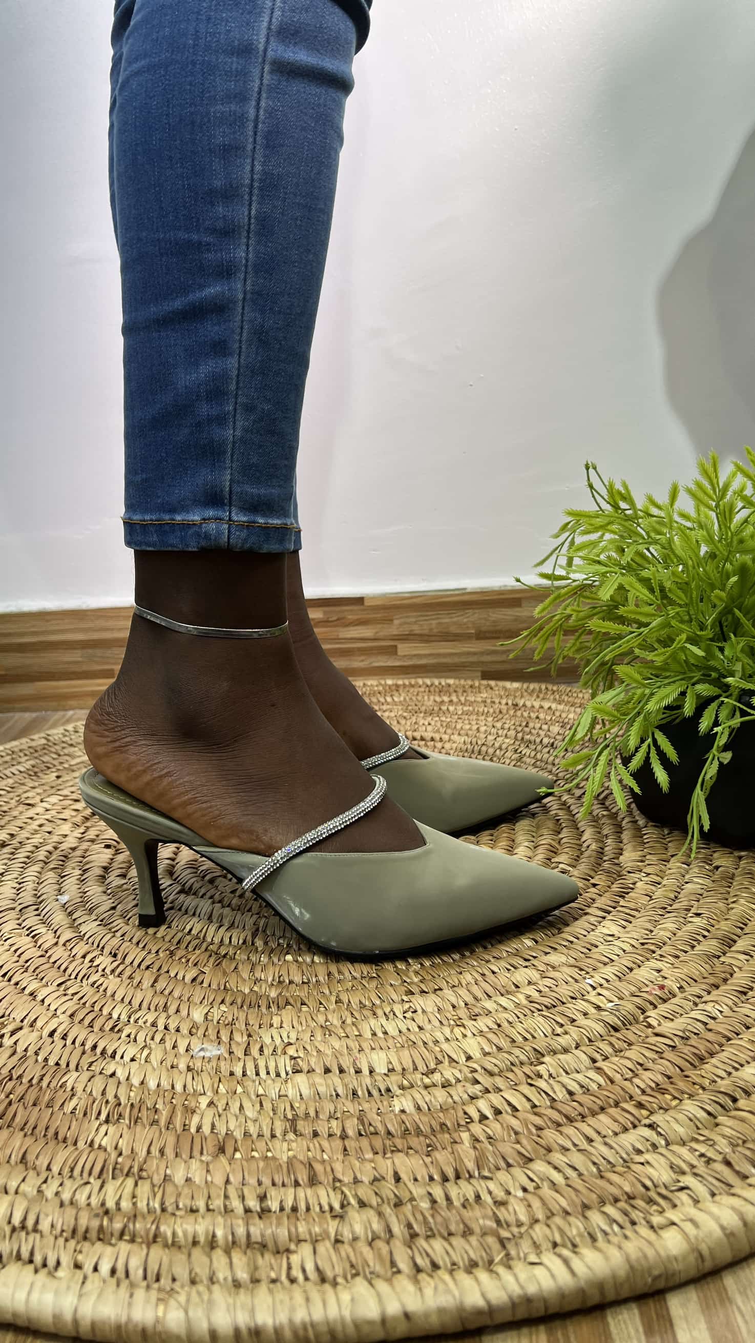 FIRST SHOW OLIVE POINTED TOE EMBELLISHED STRAP MULE