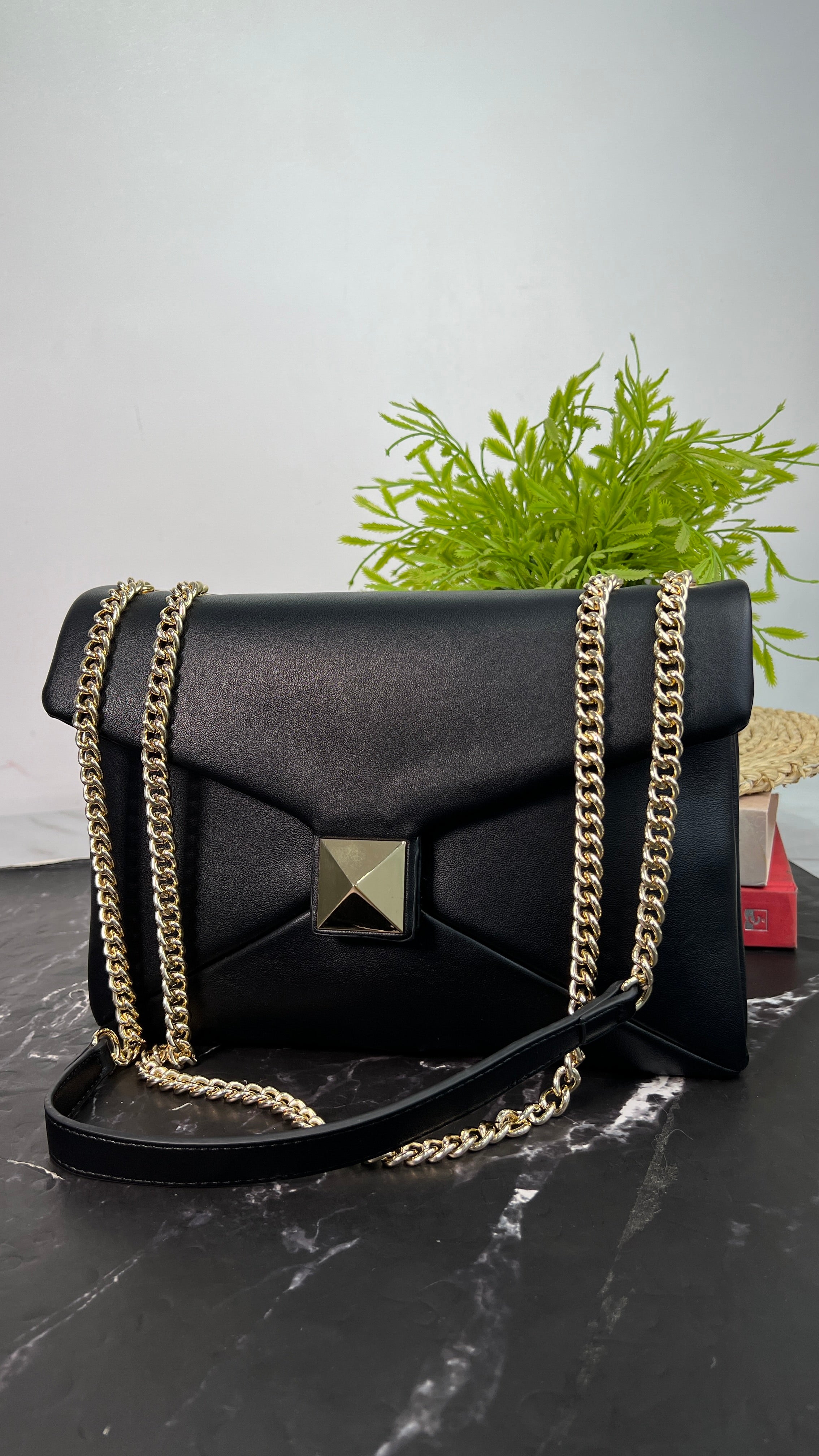 CHRISBELLA BLACK MACRO STUD FLAT DETAIL SLING BAG
